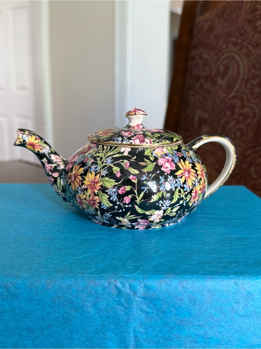 VTG Royal Winton Grimwades 'Nantwich' Pattern Chintz Teapot Black Floral Design